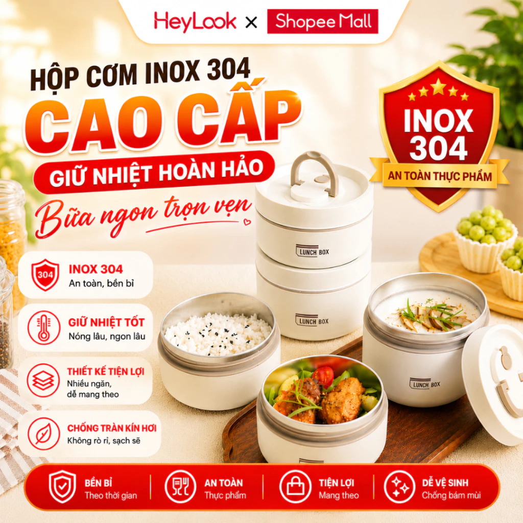 Hộp Đựng Cơm Túi Đựng Cơm Trưa Giữ Nhiệt Văn Phòng Cách Nhiệt, Combo 3 Ngăn Đựng Thức Ăn 2 Lớp Bằng Thép Không Gỉ 304