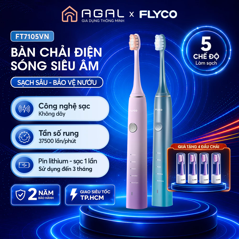 Bàn chải điện Flyco FT7105VN Làm sạch răng nhạy cảm | Chăm sóc nướu - Bảo hành 2 năm