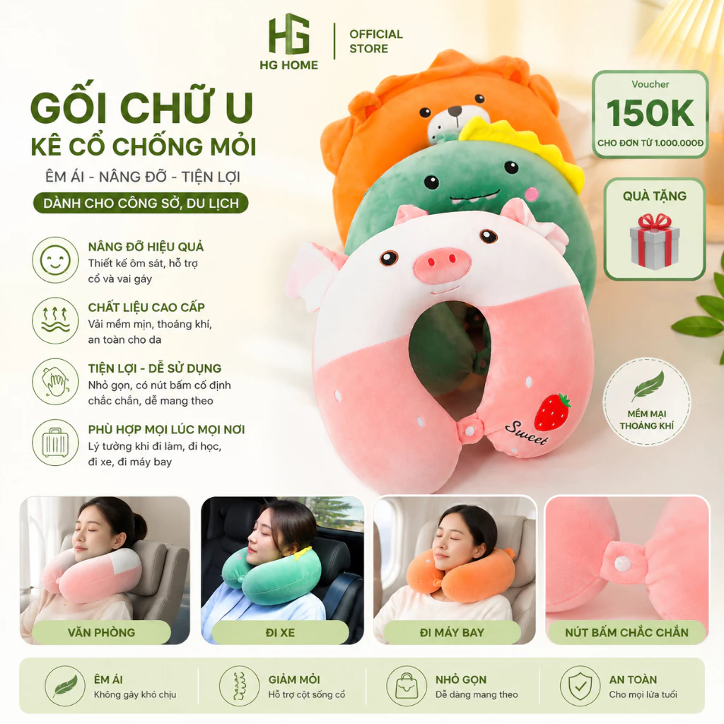 Gối chữ U kê cổ chống mỏi mệt vai gáy dành cho công sở, du lịch tiện lợi HGHOME