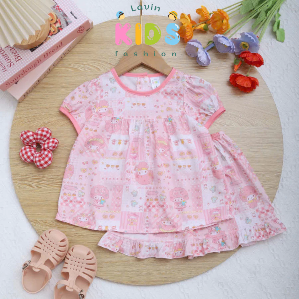 Bộ tole bé gái tay đùi áo phối viền quần bèo Lavin Kids size 6-15kg mặc ở nhà, mát mẻ, dễ thương