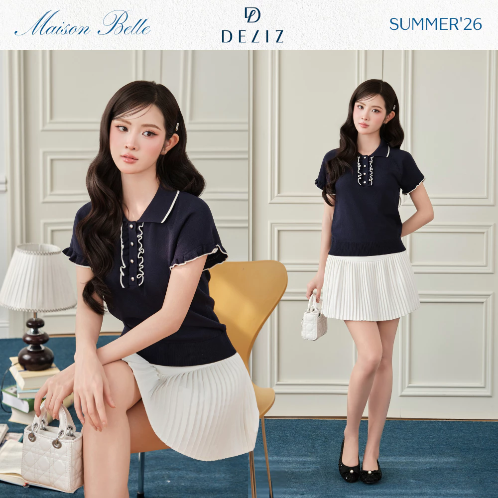 DELIZ PREMIUM - Áo len lông thỏ cổ polo phối viền bèo tiểu thư đính cúc tròn phong cách Hàn Quốc PL311
