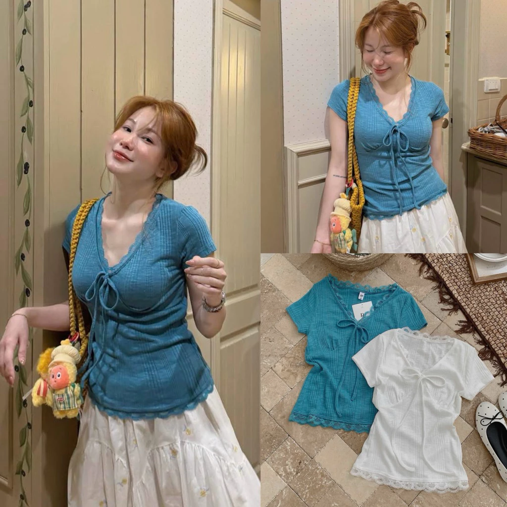 [Hàng Chuẩn QC] Áo thun nữ cổ tim tay ngắn viền ren nơ ngực dáng ôm body Tiffany Top - S3799