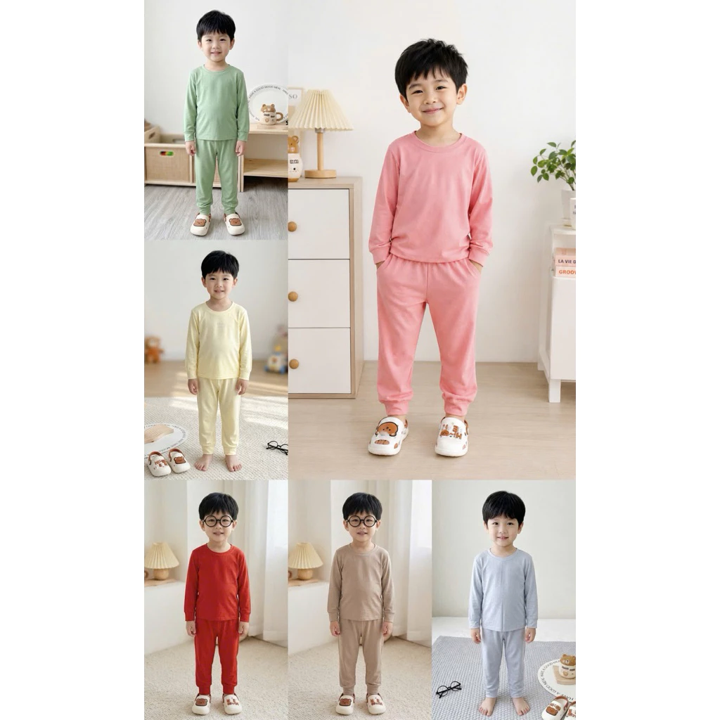 Bộ Dài Trơn Thun Lạnh Cho Bé Trai bé gái  7-26kg Thoáng Mát Mềm Mịn Đẹp mặc ngủ điều hòa  Cao 80-125Cm