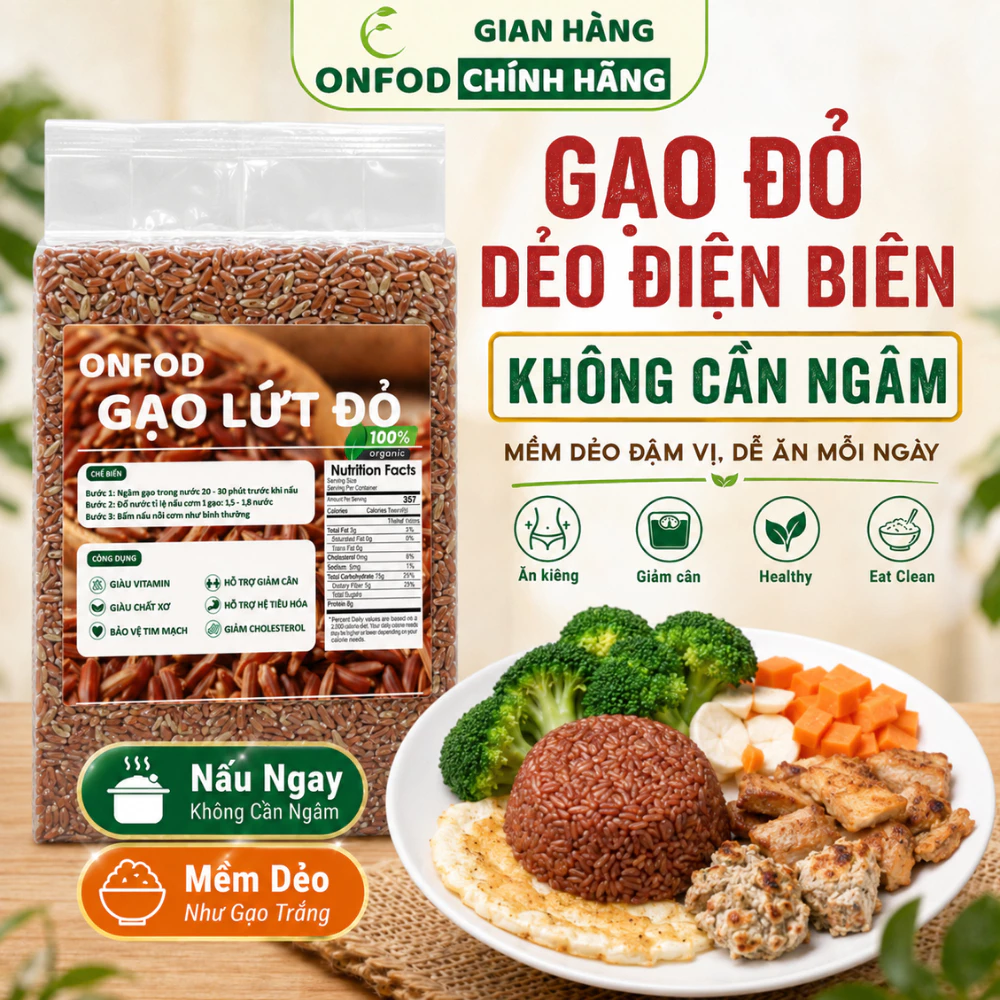 Gạo lứt dẻo đỏ hữu cơ ONFOD gạo lức hỗ trợ giảm cân ăn kiêng cho người tiểu đường, gym, yoga, bà bầu thực dưỡng 1kg
