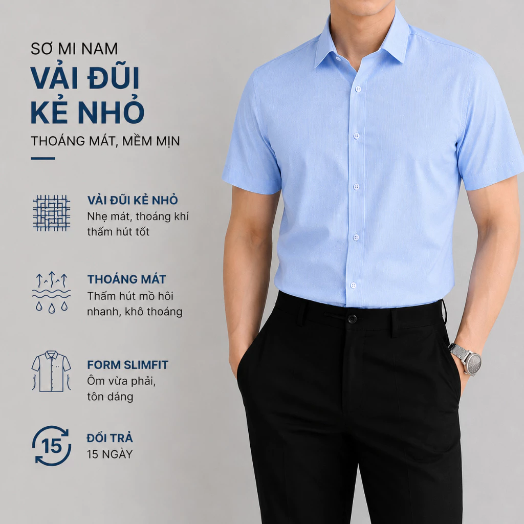 Áo sơ mi ngắn tay HC xanh kẻ đũi nhỏ kiểu dáng công sở trẻ,thấm hút mồ hôi, lịch sự