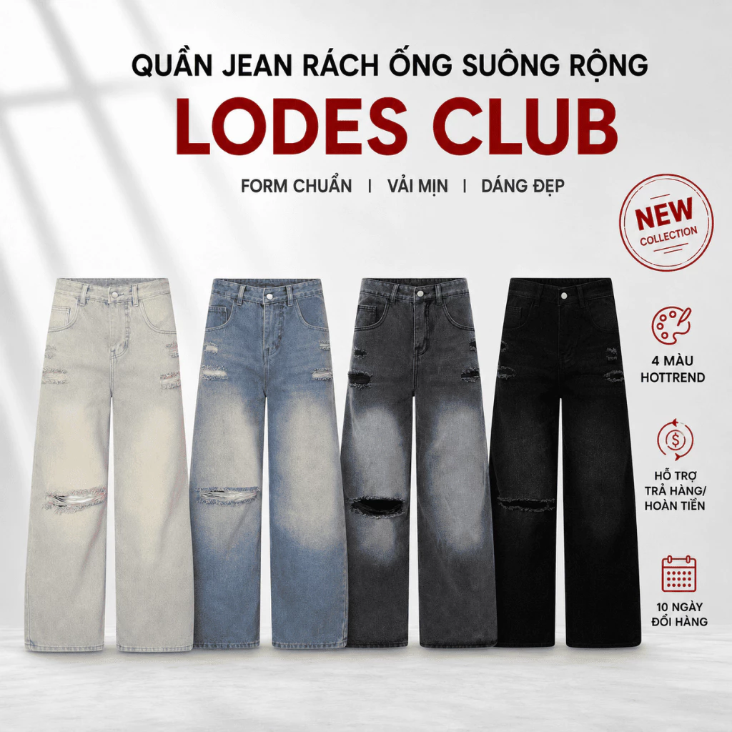 Quần Jean Rách Ống Rộng LODES CLUB Form Unisex Cho Cả Nam Và Nữ Chất Liệu Denim Cao Cấp,Phong Cách Retrol Đường Phố suôn