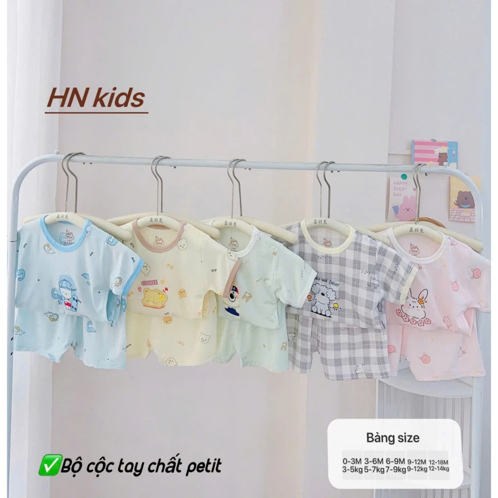 BC20. Bộ Quần Áo Cộc Tay Cài Vai HNKids Vải Petit Mềm Mỏng Mát Cho Bé Từ 4-14kg