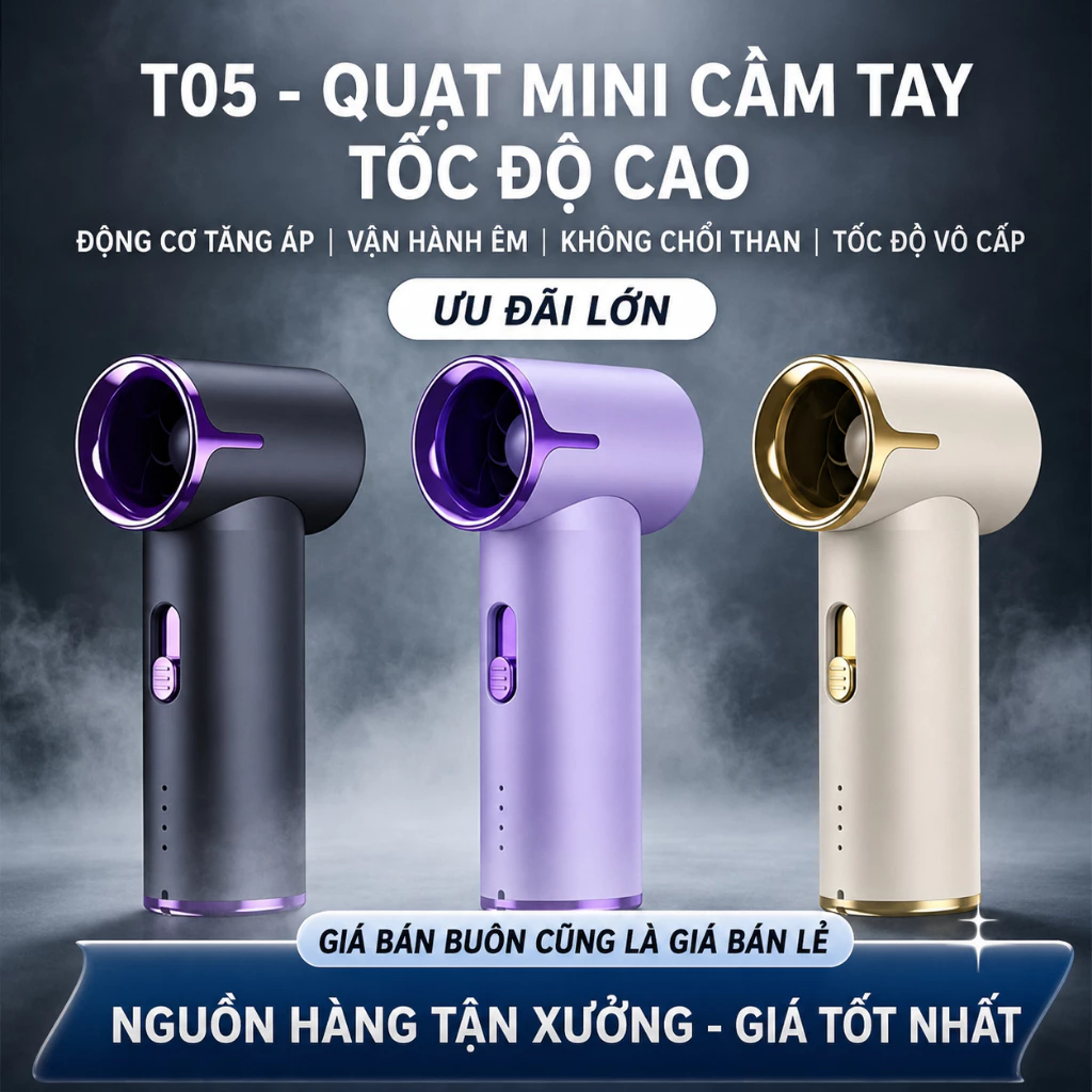 Quạt Mini Cầm Tay T05 Turbo Siêu Mạnh 100 Cấp Gió - Động Cơ Tốc Độ Cao - Pin Dung Lượng Lớn