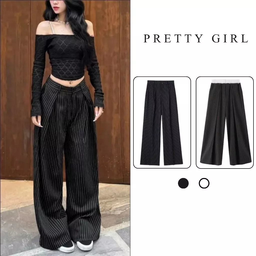 Quần ống rộng Pretty Girl quần suông kẻ sọc Striped Pants trẻ trung phong cách Hàn Quốc