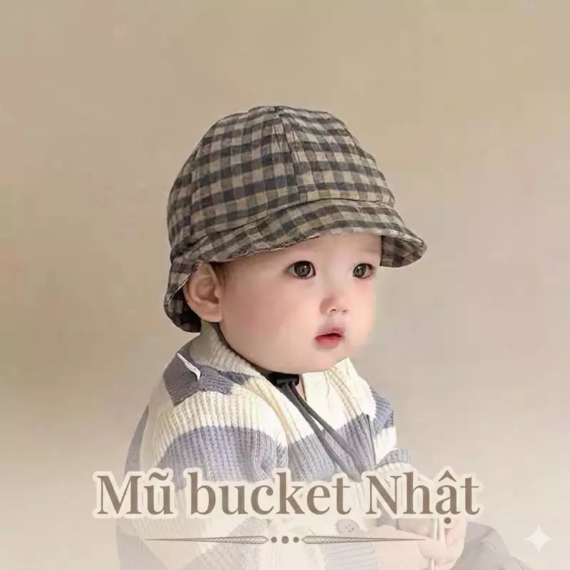 Mũ Bucket Cho Bé Trai Bé Gái 4-20 Tháng Họa Tiết Caro Vải Mềm Có Dây Rút Phong Cách Nhật Bản - MUG28