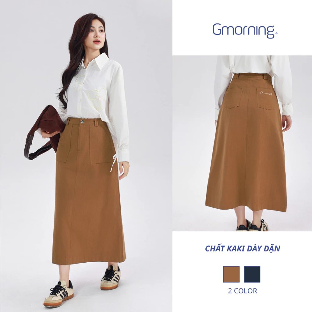 Chân Váy Kaki Dài Chữ A Gmorning YVF04060 - Váy Midi Màu Nâu Túi Vuông Form Đứng Dễ Phối Đồ