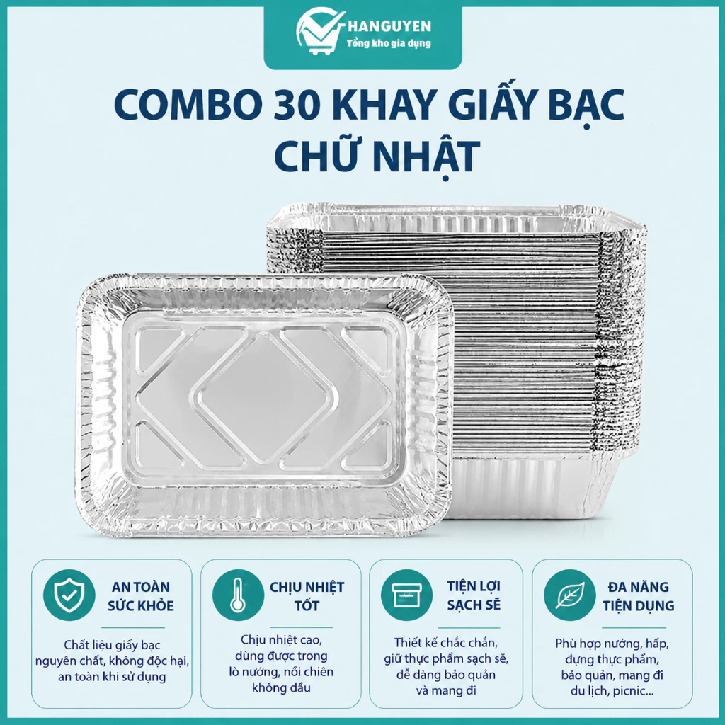 Combo 30 khay giấy bạc chữ nhật đa năng, dùng nướng thực phẩm và đựng đồ ăn tiện lợi