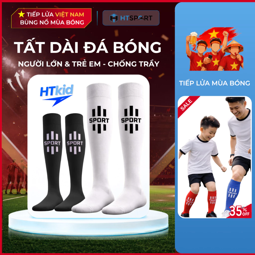 Tất Dài Đá Bóng Người Lớn & Trẻ Em, Vớ Cổ Cao Bảo Vệ Chân Đá Banh Sân Cỏ Thể Thao Nhiều Màu