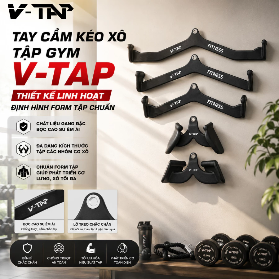 Tay Cầm Kéo Xô Tập Gym V-TAP Chất Liệu Thép Bọc Cao Su, Phụ Kiện Tập Gym Hỗ Trợ Tập Đúng Tư Thế