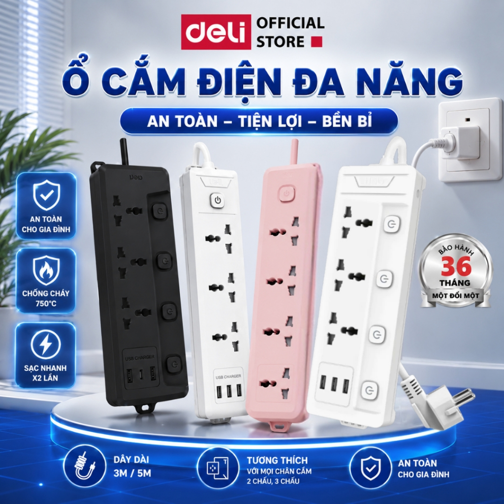 Ổ Cắm Điện Đa Năng DELI Công Suất 2500W Ổ Điện 3 Lỗ Tích Hợp TypeC USB Sạc…