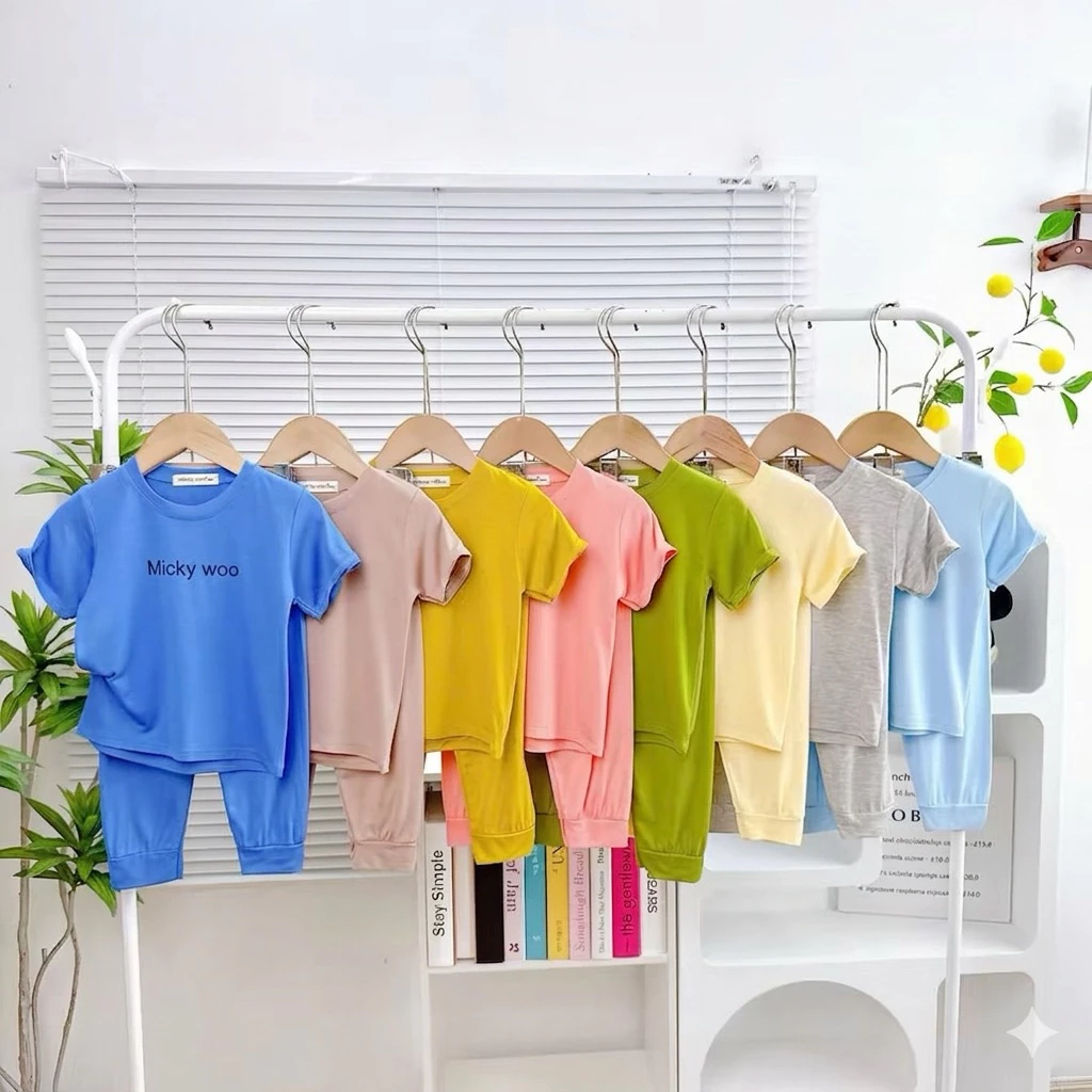 Bộ Tay Ngắn Quần Dài Trơn Thun Lạnh Cho Bé 6-25kg Cao 80-124Cm Thoáng Mát Mềm Mịn mặc ngủ điều hòa