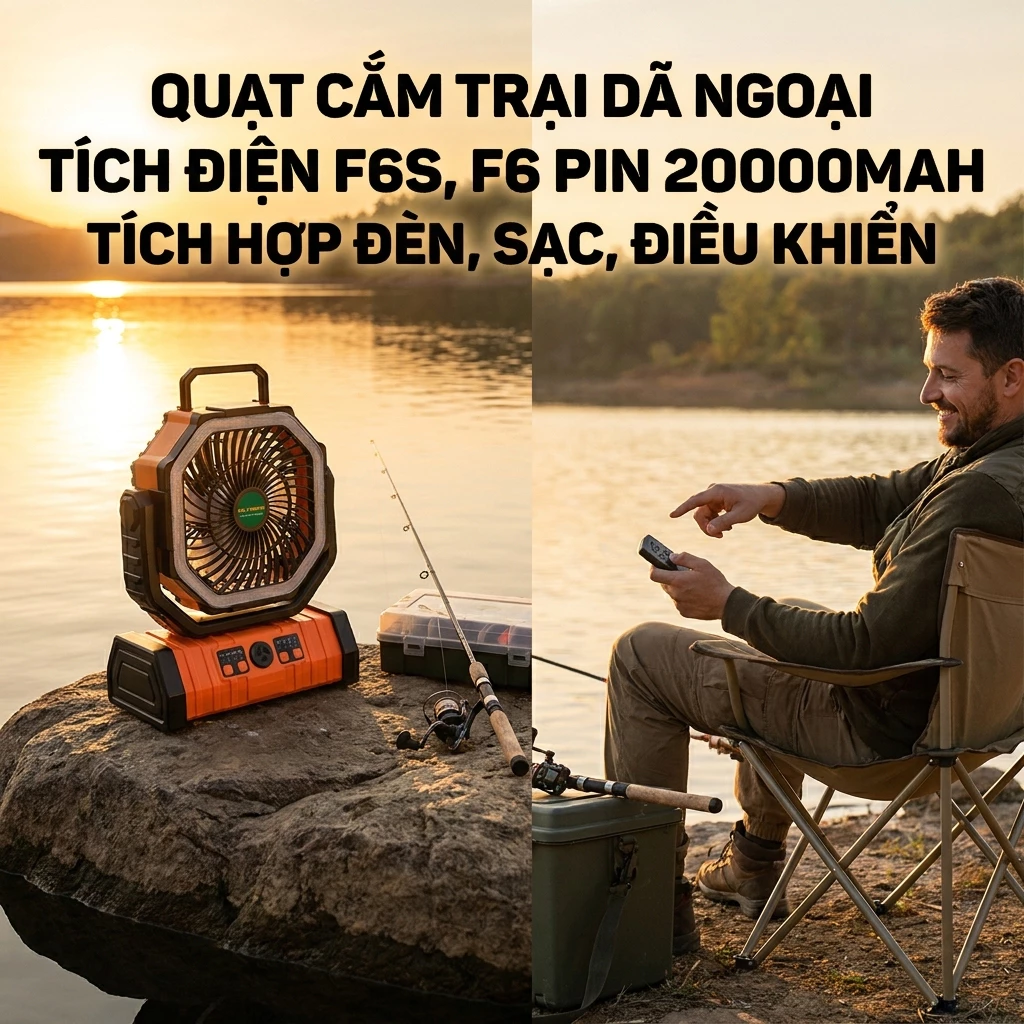 Quạt Cắm Trại F6 Tích Điện Pin 20000mAh Có Điều Khiển Từ Xa Đèn LED Phù Hợp Du Lịch