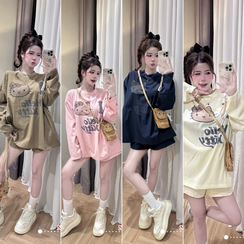 Set bộ thu đông áo dài tay DC quần đùi mèo hello kitti