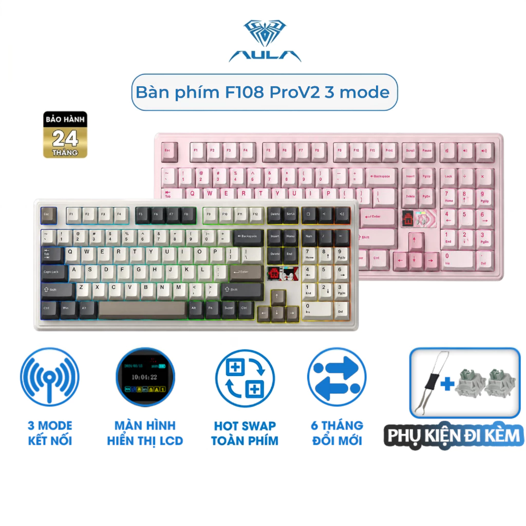 Bàn Phím Cơ AULA F108 PRO V2 Không Dây Fullsize Màn Hình LCD RGB Kết Nối 3 Mode
