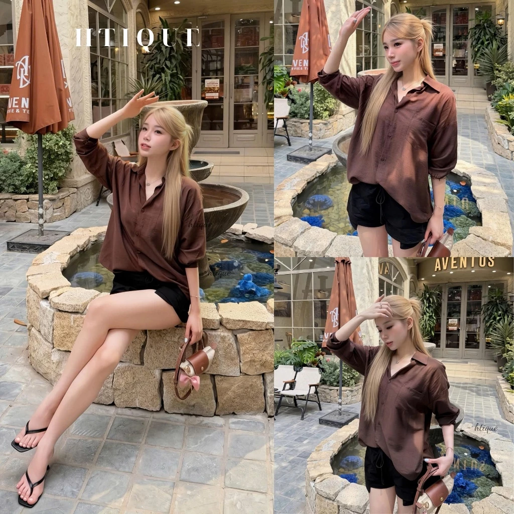 HTIQUE - DEAL mẫu mới Áo sơ mi nâu sang chảnh tôn da, Áo sơ mi tơ đũi mát nhẹ bay bổng thanh lịch AK07