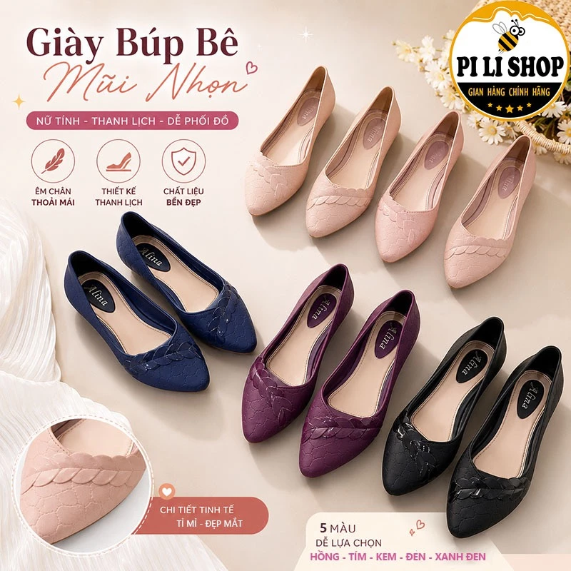 Giày Búp Bê Nữ Mũi Nhọn Đế Cao Họa Tiết Trái Tim, Giày Bít Đúc Nhựa Dẻo Êm Chân Chống Trơn Trượt