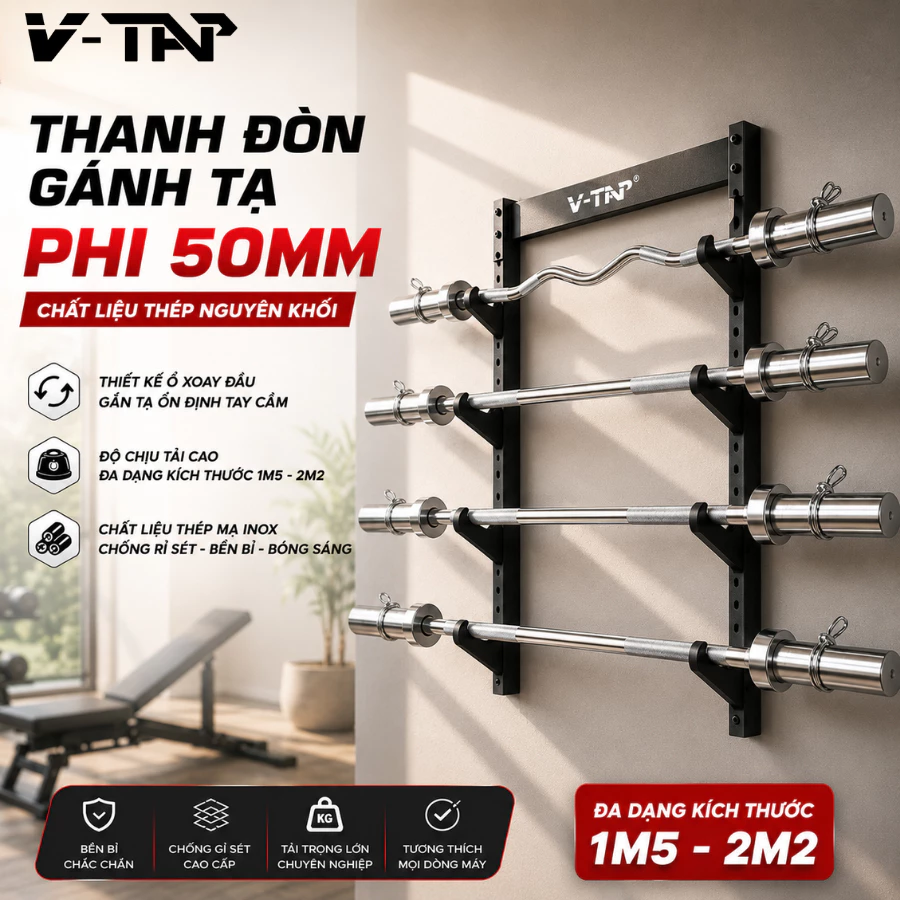Thanh Đòn Tạ Thẳng Phi 50, Tạ Đòn Chất Liệu Thép Mạ Inox 1m5 Nặng 9Kg + 2 Kẹp Khóa
