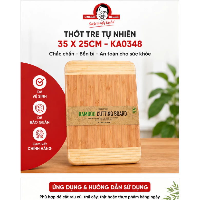 Thớt Tre Nhà Bếp Uncle Bills KA0348 35x25x1.8cm - Chống Ẩm, Không Dăm Mùn, Dễ Vệ Sinh