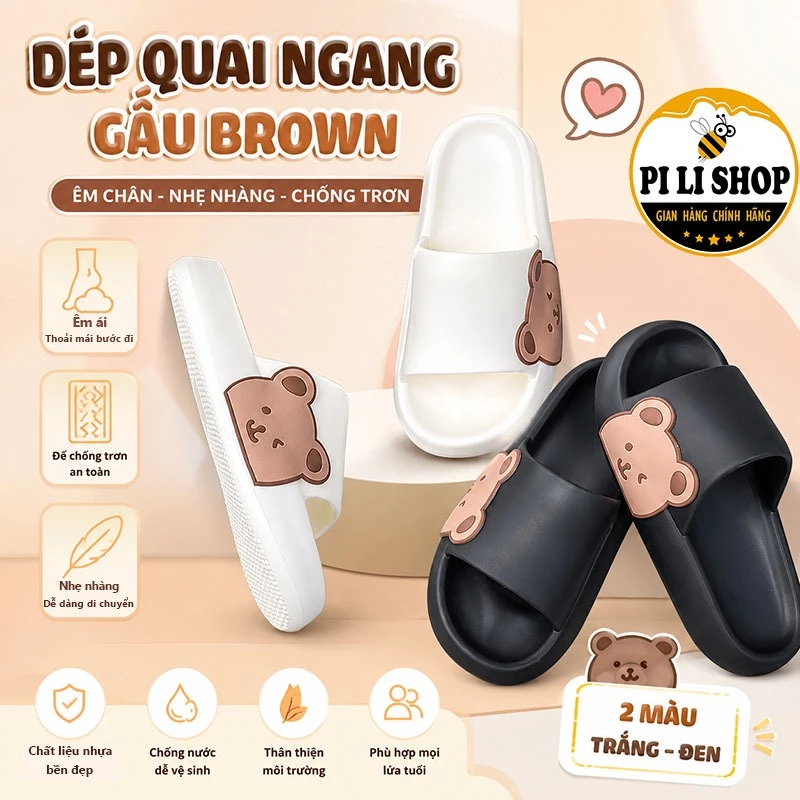 Dép Đúc Quai Ngang Nam Nữ Hình Gấu 1 Bên, Dép Mang Trong Nhà Đúc Nguyên Khối Đế Êm Chống Trơn Trượt