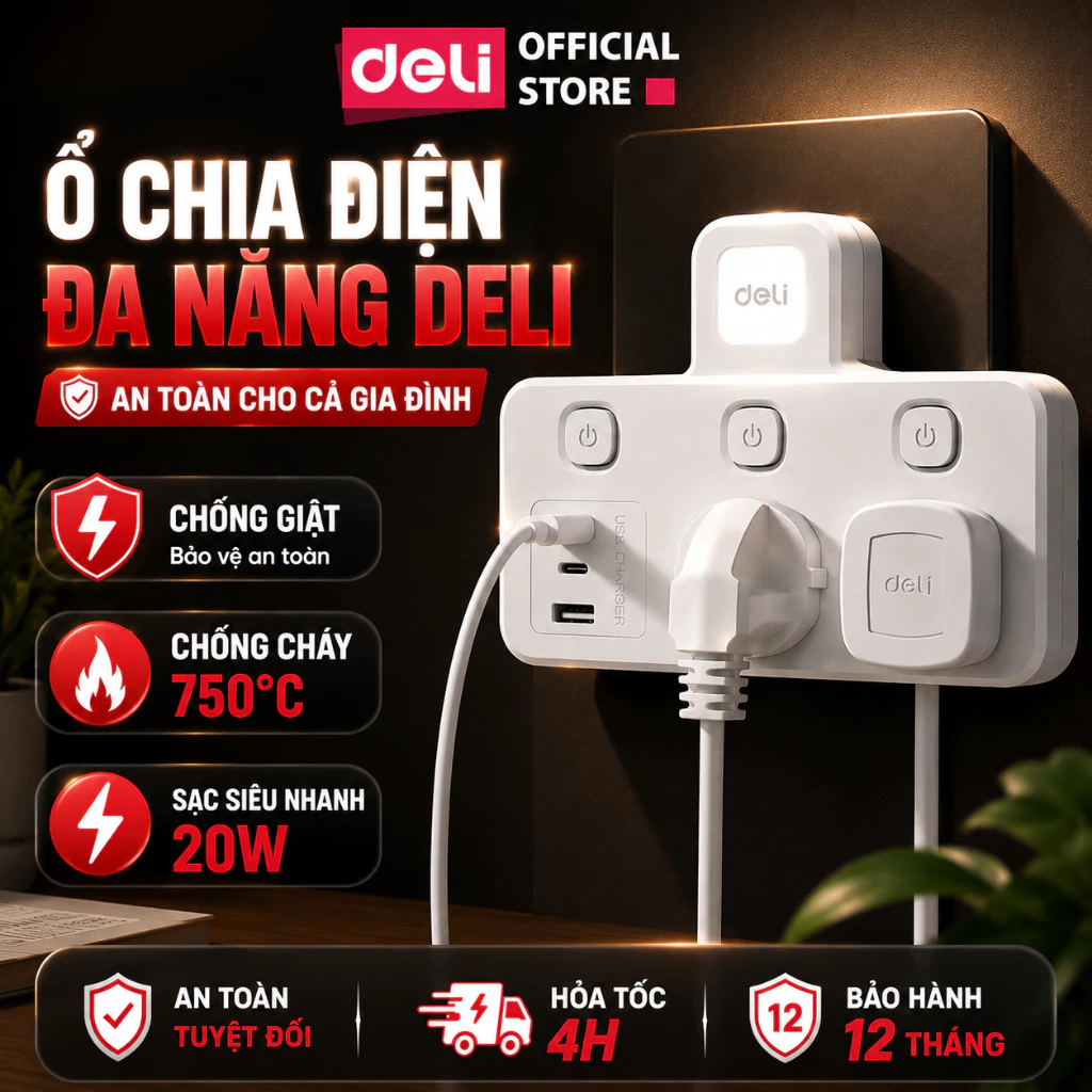 Ổ Chia Điện Đa Năng DELI 2500W Tích Hợp Đèn Ngủ Cổng USB&TypeC Sạc Thường, Sạc Nhanh 20W Tiện Lợi