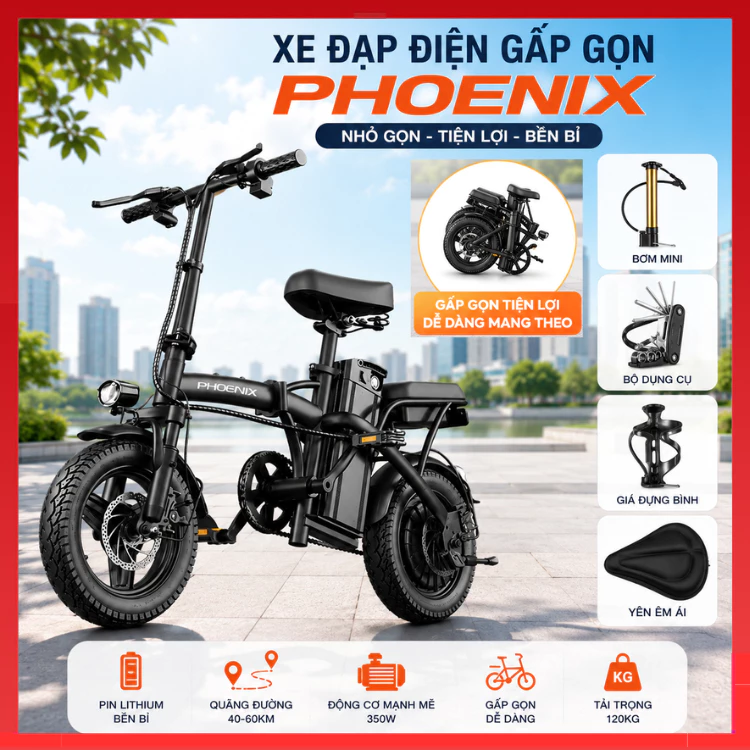 Xe đạp điện trợ lực gấp, dễ dàng để vào cốp xe ô tô, động cơ 400W, pin Lithium , tặng kèm nhiều phụ kiện