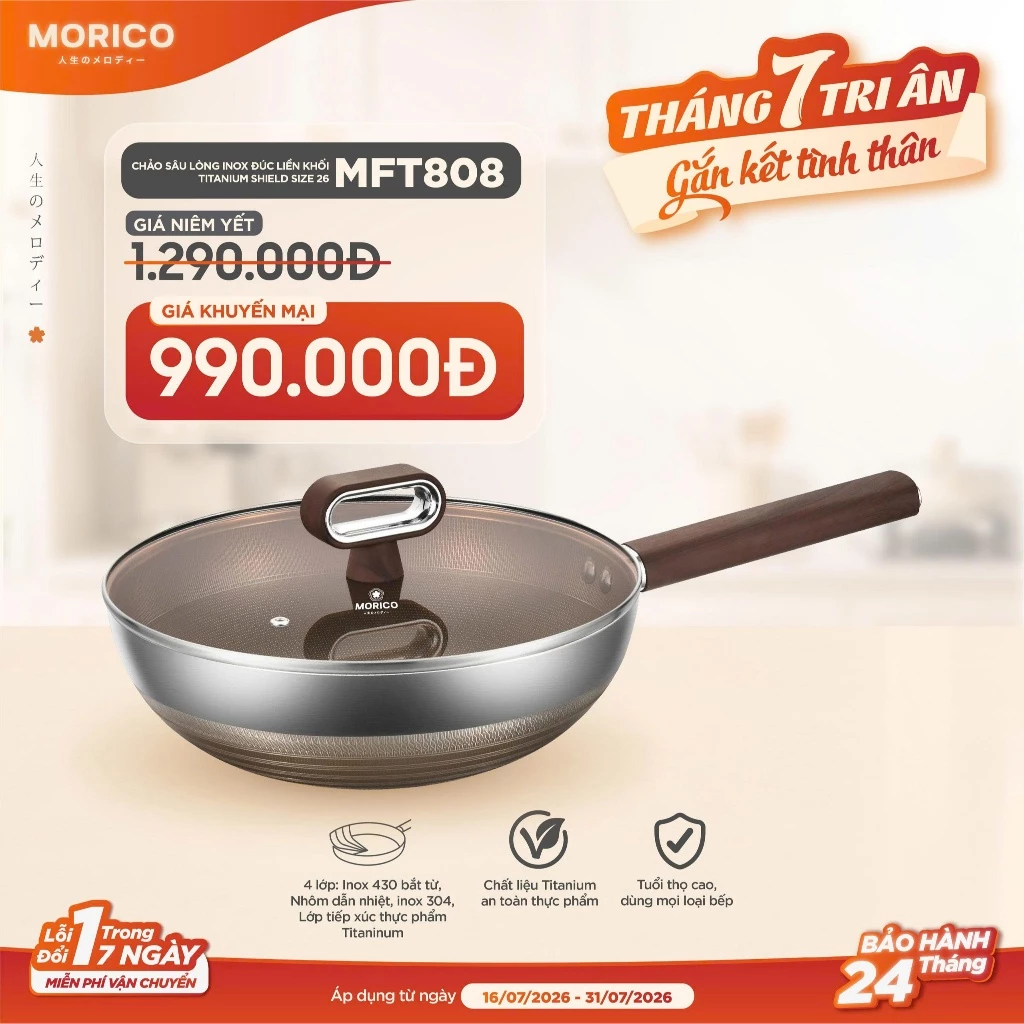 [Chính hãng] Chảo sâu lòng Titanium Shield Morico MFT808, size 26,5 lớp,BH 24 tháng,tặng nắp kính
