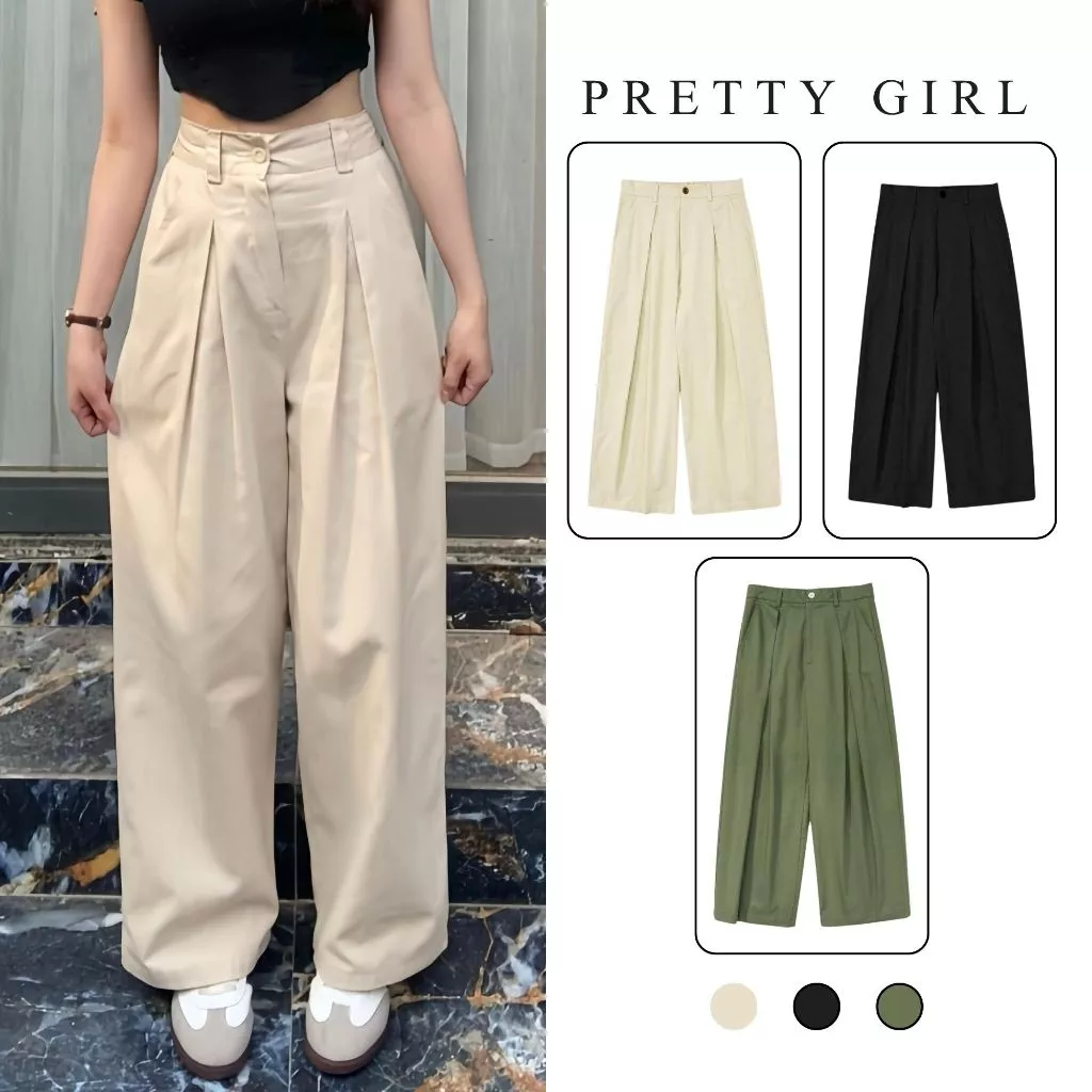 Quần Kaki Nữ Ống Suông Rộng, Quần Kaki Nữ Ba Màu Pretty Girl Dày Dặn Tôn Dáng Phong Cách Cá Tính