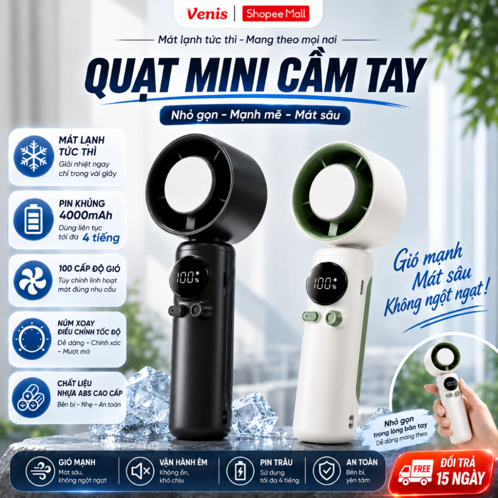Quạt Cầm Tay Mini  Tích Điện Có Sò Lạnh 100 Chế Độ Động Cơ Turbo Tạo Gió Mát Như Điều Hòa