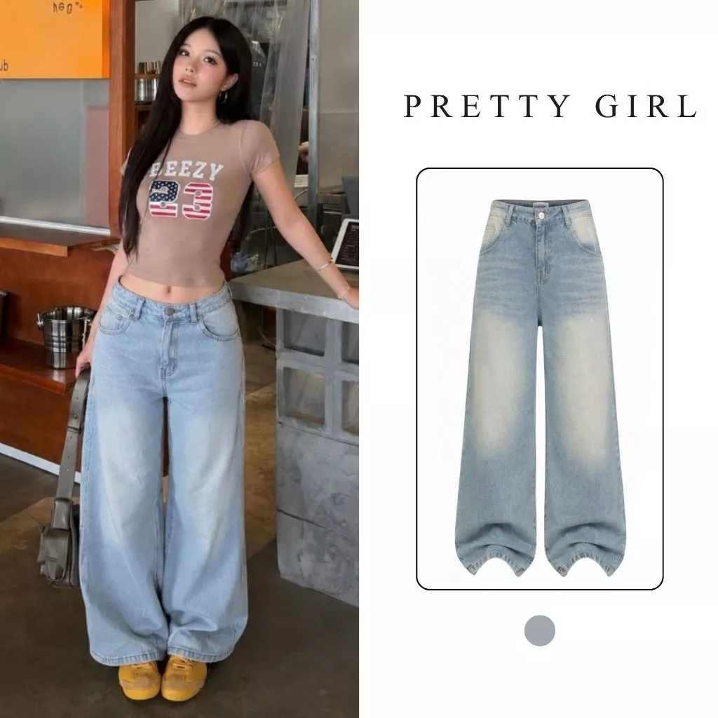 Quần Jeans Nữ Ống Suông Rộng Pretty Girl JSRG03 Màu Xanh Wash Nhạt Hottrend Style Hàn Quốc