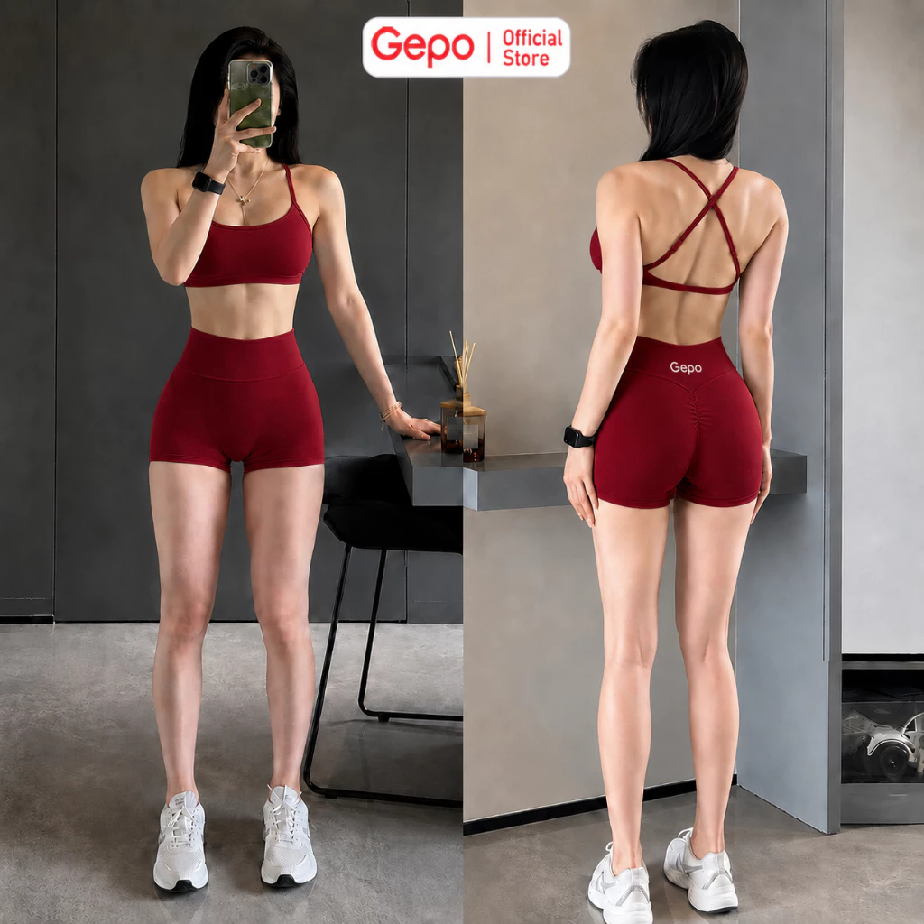 GEPO Bộ Đồ Tập Gym Nữ Áo Bra Dây Chéo Quần Short Cạp Cao Co Giãn 4 Chiều Nâng Mông Tôn Dáng GP320