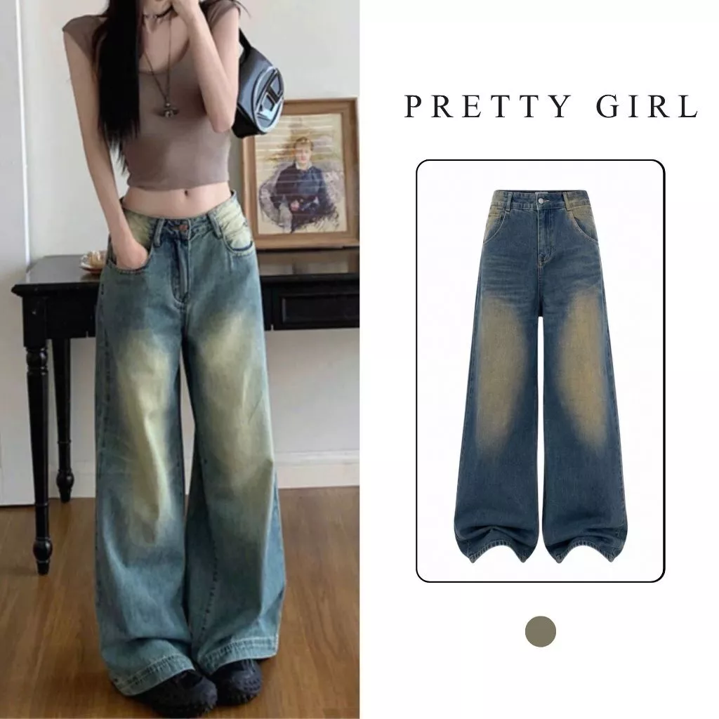 Quần Jeans Nữ Ống Suông Rộng Pretty Girl JSRG01 Màu Xanh Wash Vàng Hottrend Style Hàn Quốc