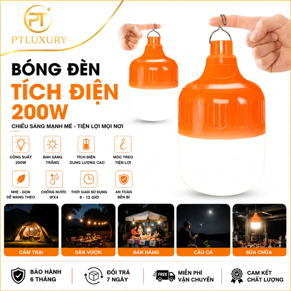 [ COMBO 3 BÓNG ] Bóng Đèn LED Tích Điện Công Suất 200W Chống Nước Có Móc Treo Tiện Lợi - PTLUXURY