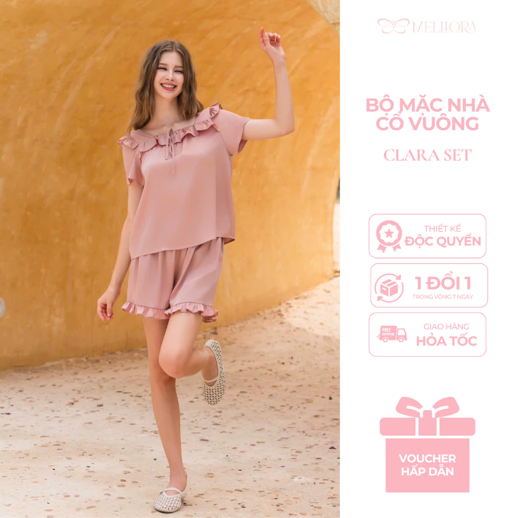 Bộ ngủ nữ MELLI babydoll cổ vuông phối bèo chất lụa Latin Pháp cao cấp, mềm mại BC05