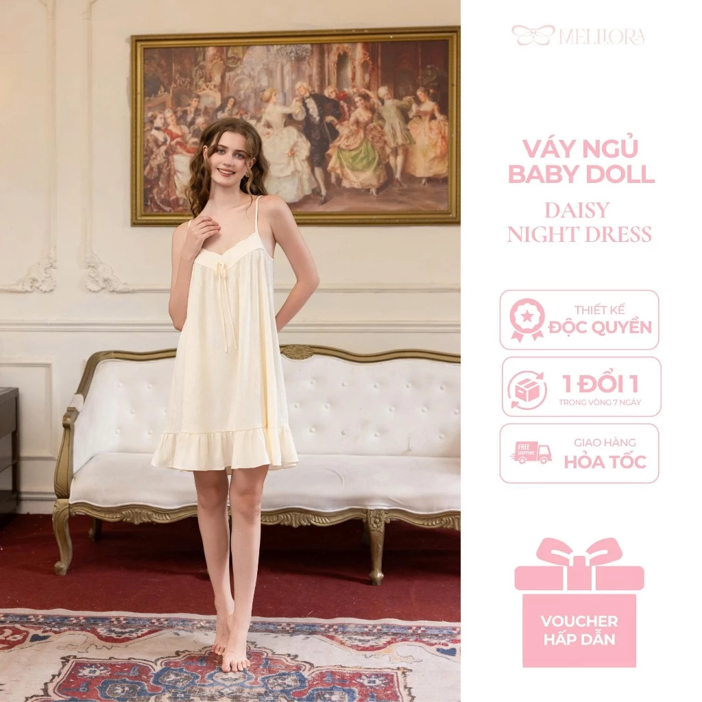 Váy 2 dây nữ chất đũi cotton thoáng mát cách điệu, Đầm ngủ xòe đuôi cá dễ thương V29