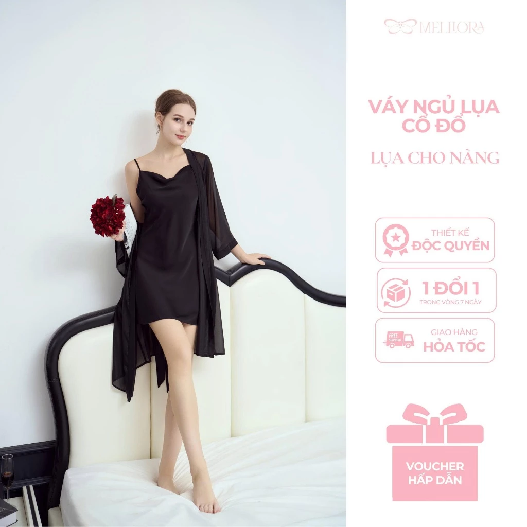Váy 2 dây kèm áo choàng mặc nhà chất lụa Latin cao cấp mềm mịn sexy,Set ngủ 2 dây cổ đổ chiết eo V08
