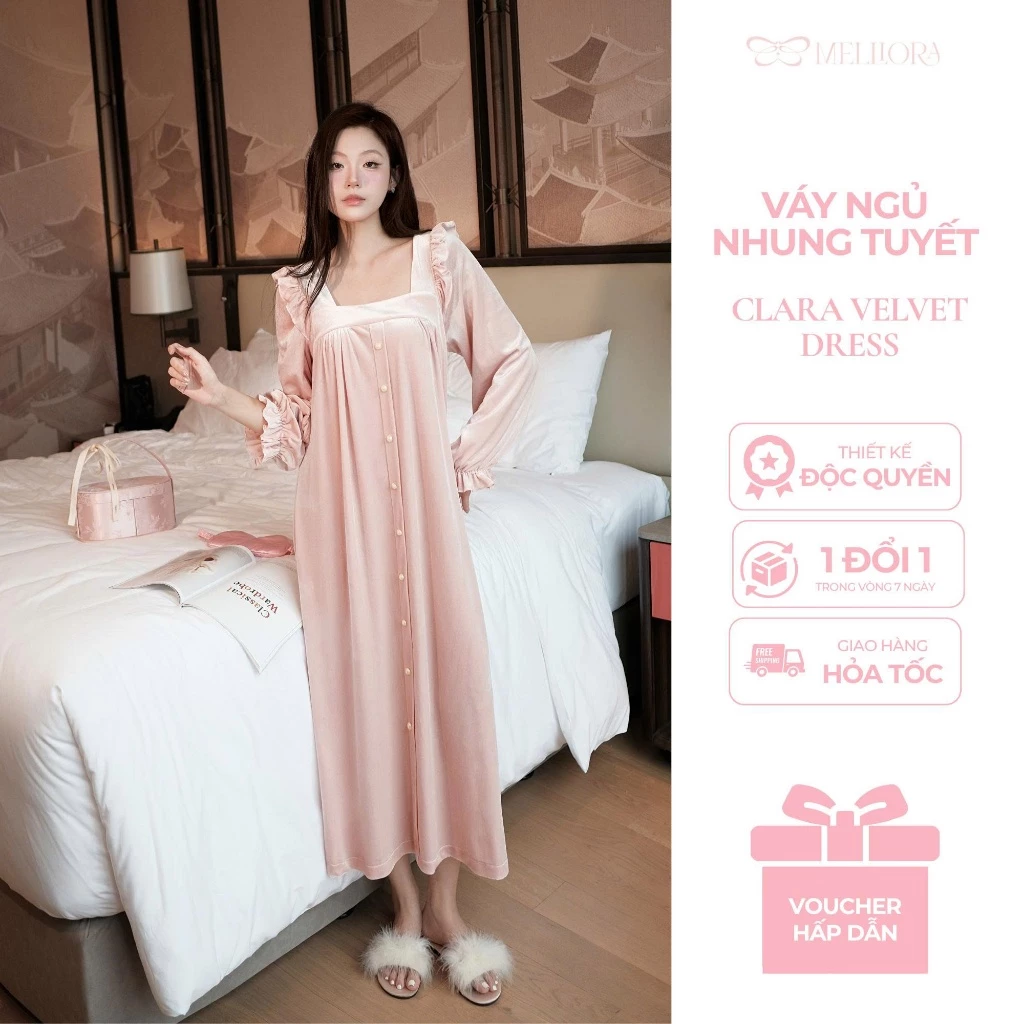 Váy ngủ thu đông mặc nhà nhung tuyết cao cấp, Đồ ngủ nữ tay dài Melli dày dặn ấm áp co giãn giữ nhiệt tốt cho mùa đông
