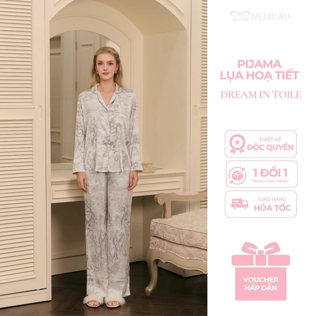 Bộ pijama thu đông nữ dài tay lụa cao cấp họa tiết thiết kế phong cách quý cô sang trọng thanh lịch