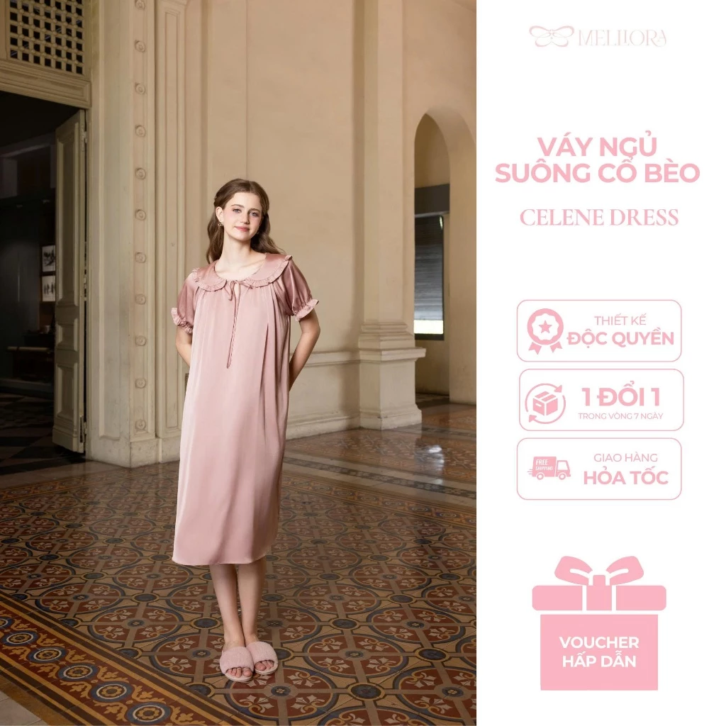 Váy ngủ nữ cổ bèo tay ngắn"Belle Nuit" Form dài, chất liệu latin cao cấp che khuyết điểm V14