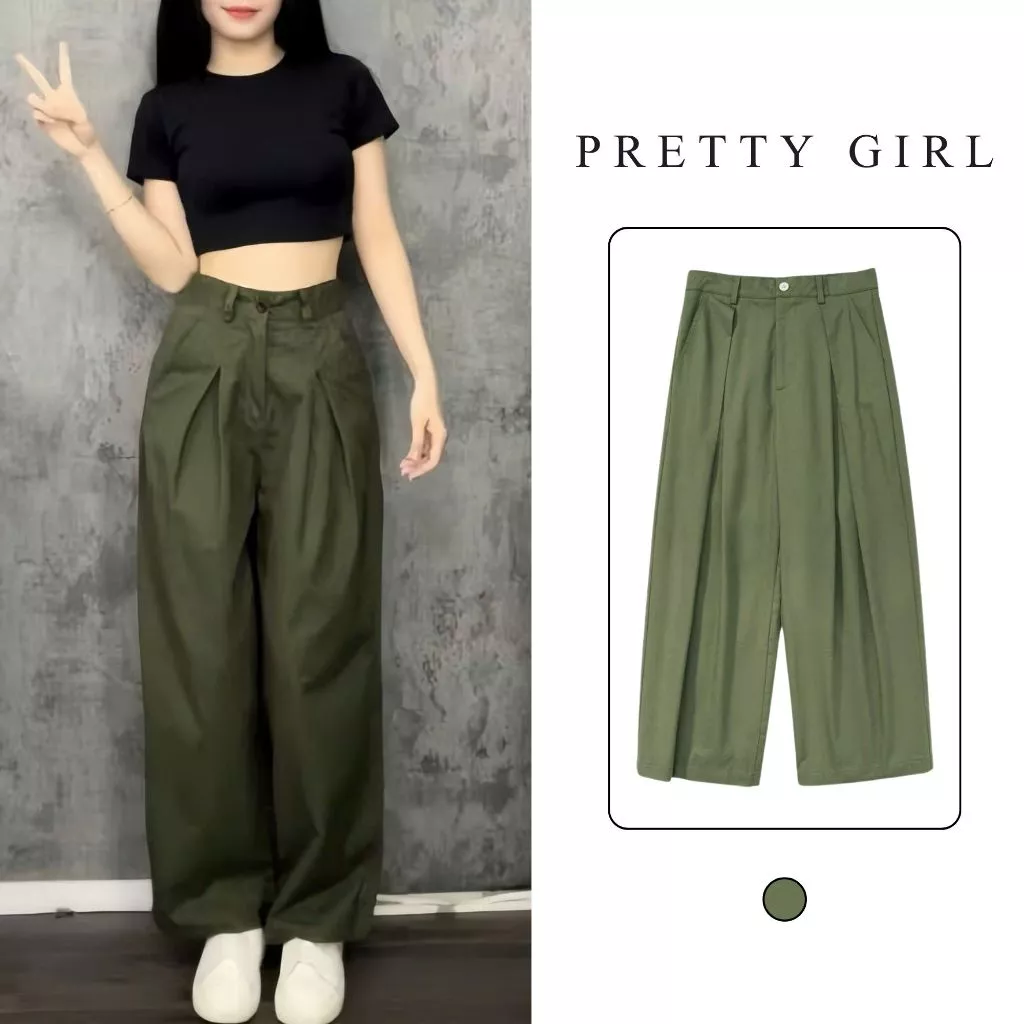 Quần Kaki Nữ Màu Xanh Rêu Pretty Girl KAKIG, Quần Kaki Nữ Ống Suông Rộng Vải Dày Dặn Tôn Dáng