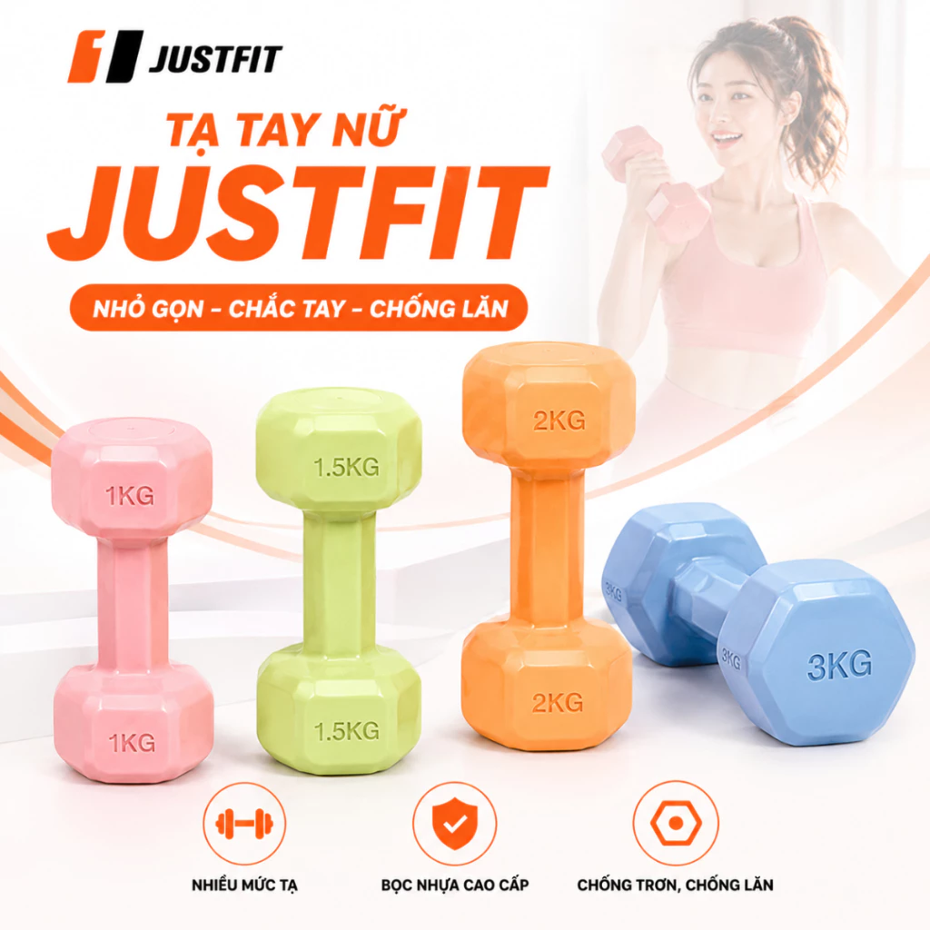 Tạ Tay Bọc Nhựa JUSTFIT 1kg - 3kg Tập Gym Yoga Pilates Cardio Body Toning Tại Nhà, Chống Trơn