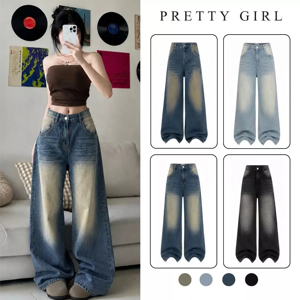 Quần Jean Nữ Lưng Cao Ống Suông Rộng Pretty Girl JNT, Quần Bò Nữ Lưng Cao Ống Rộng Style Năng Động