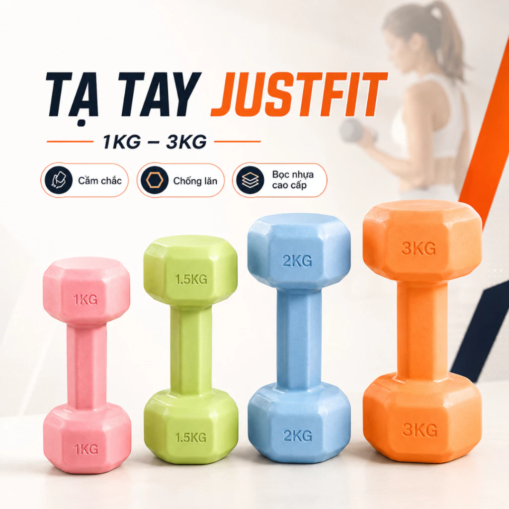 Tạ Tay Nữ JUSTFIT 1-3KG Bọc Nhựa Chống Trơn Chống Lăn, Tạ Tập Gym Yoga Cardio Săn Chắc Cơ Tại Nhà