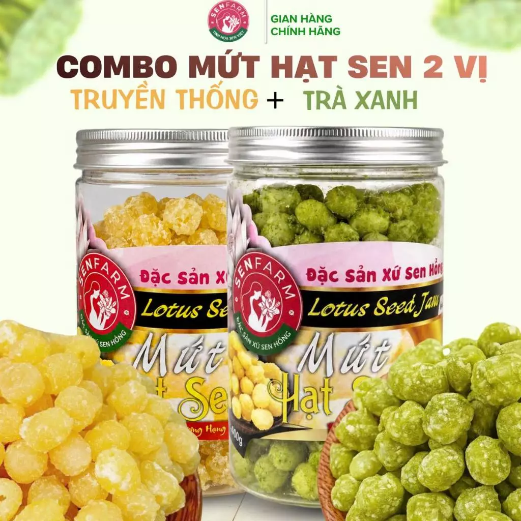 COMBO 2 Loại Mứt Hạt Sen 2 vị (trà xanh + truyền thống) thượng hạng Senfarm - Mứt Tết - Bánh Tết - Quà Tết