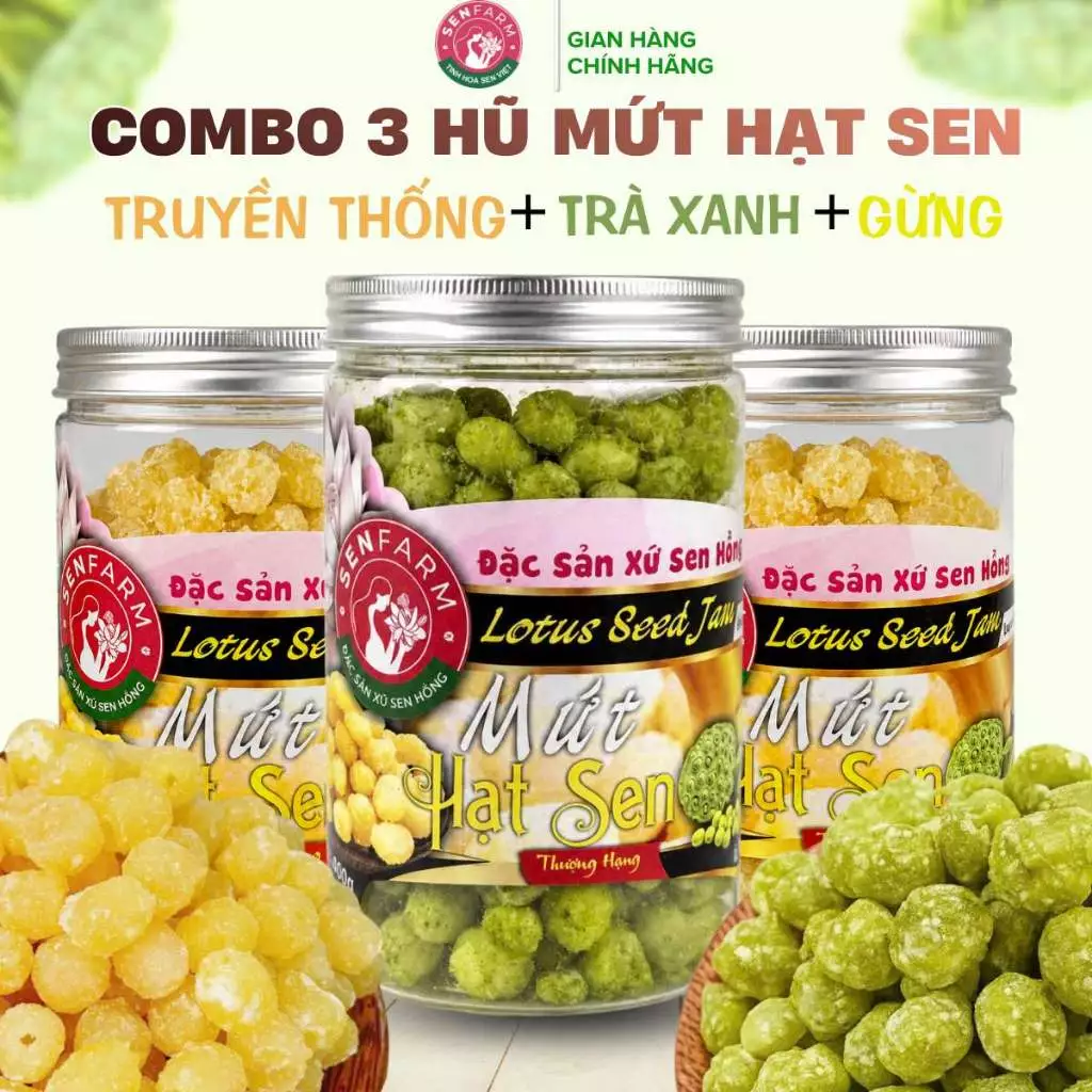 COMBO 3 hũ Mứt Hạt Sen Ít Đường mứt thượng hạng Senfarm - Mứt Tết - Bánh Tết - Quà Tết