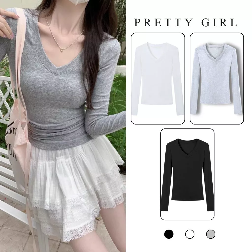 Áo Thun Dài Tay Cổ Tim, Áo Giữ Nhiệt Nữ Ôm Body Pretty Girl Chất Liệu Thun Tăm Co Giãn